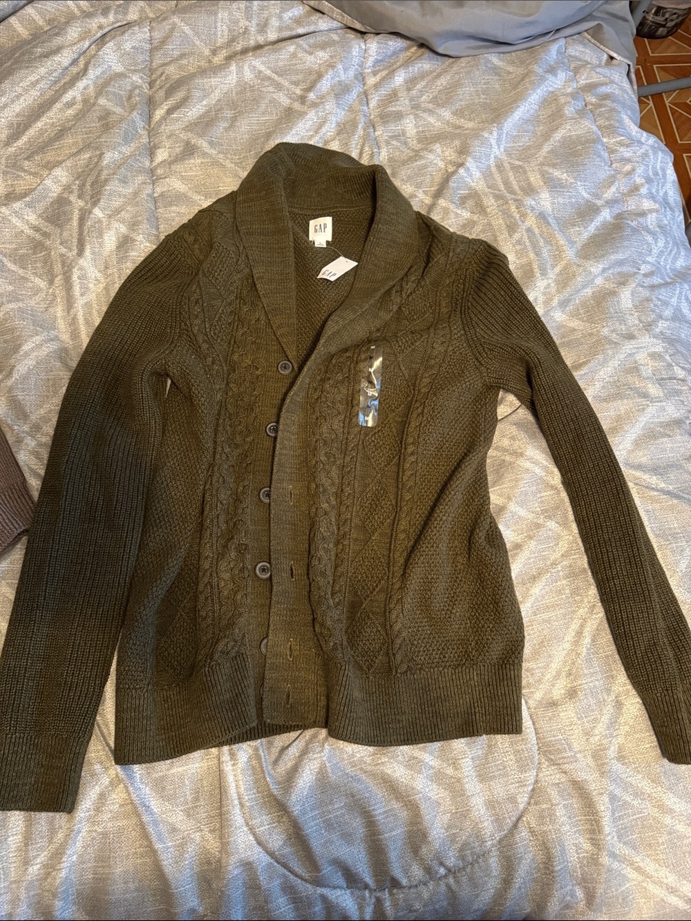 GAP Olive Green Cable-Knit Shawl Collar Cardigan
